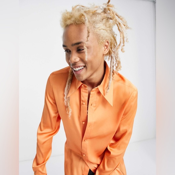 ASOS Other - ASOS DESIGN regular longline satin shirt with 70s collar in bright orange NWOT